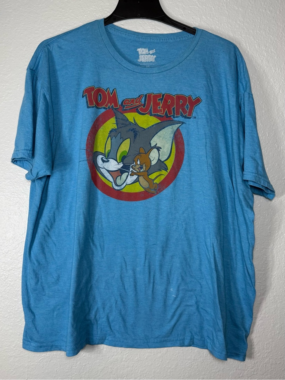 Tom and Jerry Blue Graphic Print T-Shirt 2XL Crew Neck Short Sleeve Cotton Blend